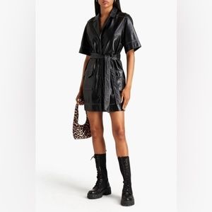 GANNI black leather mini buttoned dress with belt